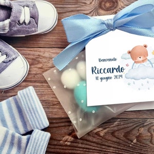 Kit Bomboniera + sacchetto battesimo per bambino con le tonalità dell'azzurro e del beige