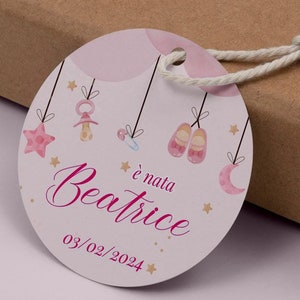Tag per confetti - Etichette personalizzate per nascita - Tag per bomboniere battesimo - Adesivi primo compleanno - Tag per baby shower