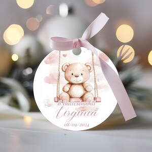 Tag Battesimo Orsetta Rosa - Digital Baptism Tag Girl - Étiquette Baptême Fille - Etiqueta Bautizo Niña - Editable Favor Tag Template