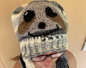 Sloth Earflap Hat / Sloth Trapper Hat /Grey and Beige Sloth Winter Hat