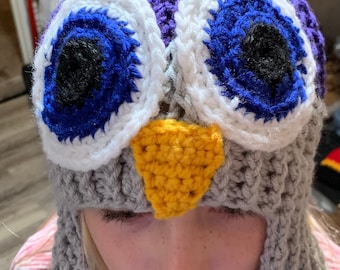 Owl Stocking Hat with Earflaps and Long Braids (Made to order)