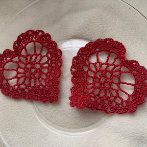 3 inch Crocheted Heart Appliques with Scalloped Edges / Lace Doilies (Set of 2)