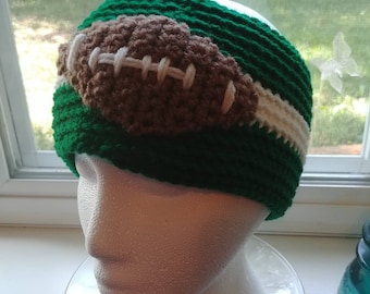 Green and White Crocheted Football Headband/Ear Warmer