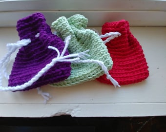 Crocheted Treasure Bag/Drawstring Pouch/Coin Purse -- with White Drawstring