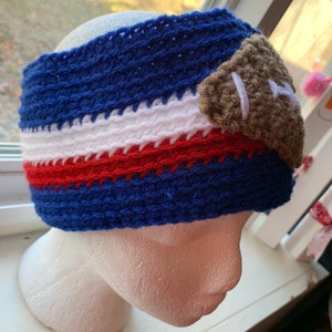 Crocheted Football Headband, Blue White Red, Fan Ear Warmer
