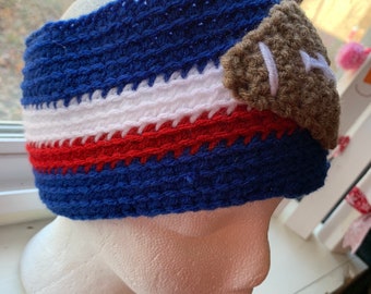 Blue, White, and Red Football Headband/Ear Warmer/Head Wrap/Head Scarf with Brown and White Football Applique