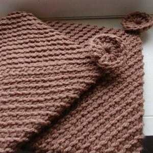 May include: A brown knitted baby blanket with a textured pattern. The blanket has two small, round, knitted ears attached.