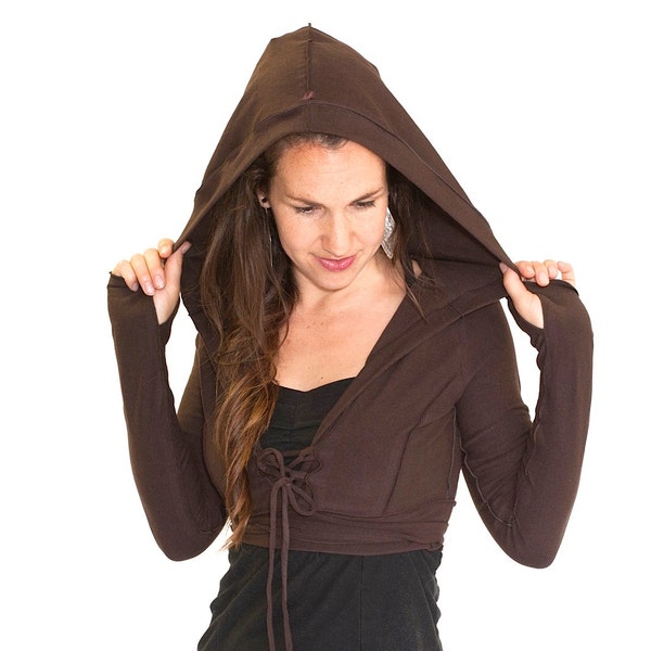 Crop corset front jacket with hood - JEDI CROP JACKET- festival clothing, choli, elven clothing, dance wear, bellydance, coverup, Thumbholes