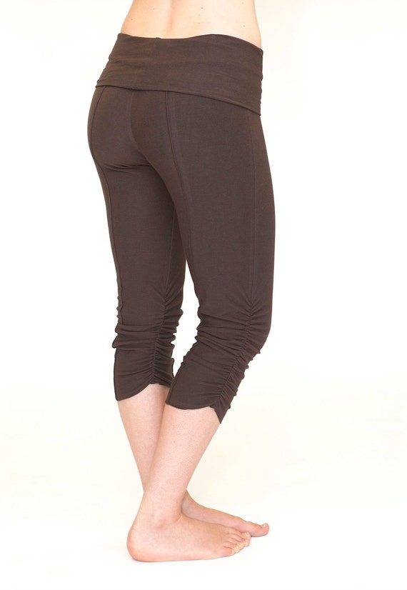 Yoga Capri Pants, Cropped and Ruched Leg With Fold Over Waistband