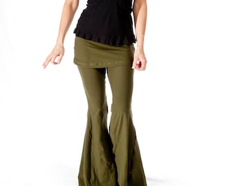 Womens Yoga Pants, Flare bellbottom pants with attached skirt, SASSY PANTS