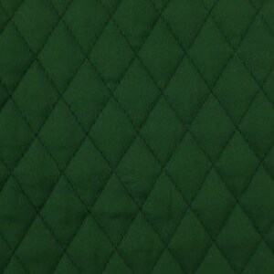 May include: Close-up of a dark green quilted fabric with a diamond pattern. The stitching creates a grid of evenly spaced, raised diamonds across the surface. The fabric has a soft, matte appearance.