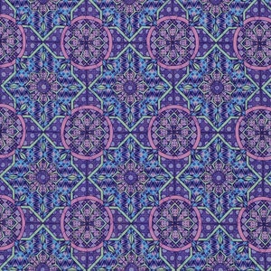 May include: A repeating pattern featuring geometric shapes and floral designs in shades of purple, blue, and green. The pattern includes circular and diamond shapes, creating a mosaic-like effect. The design is intricate and detailed.
