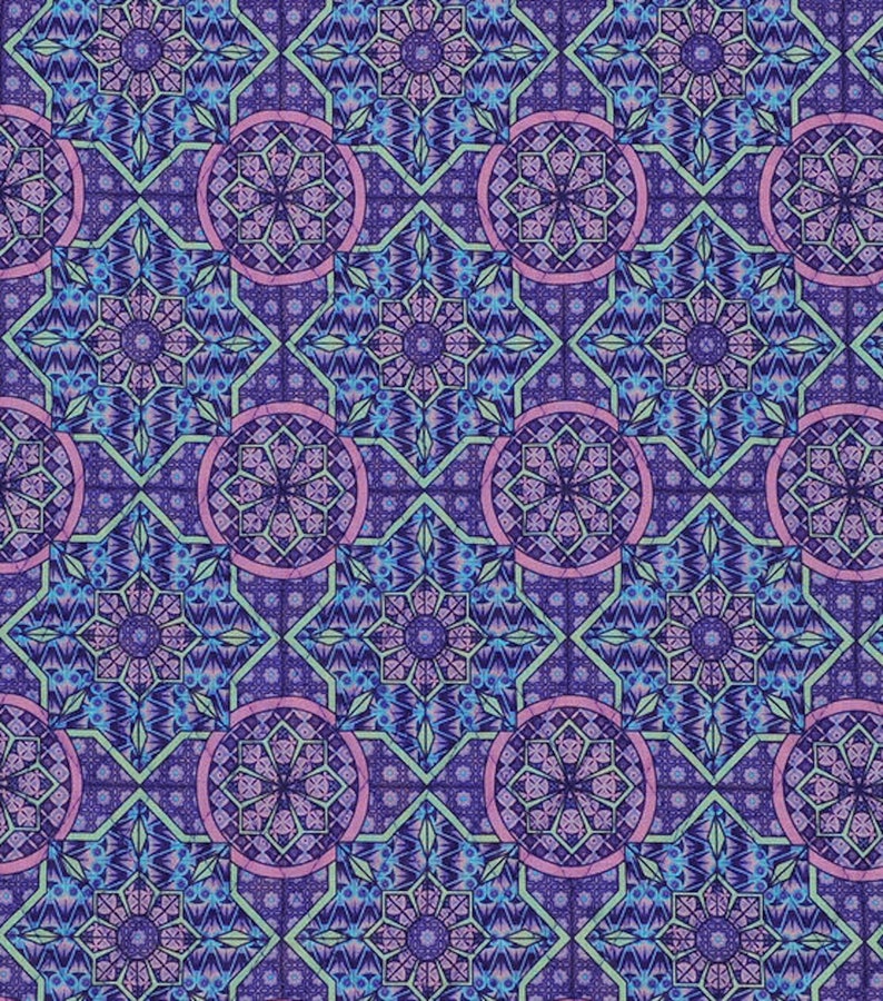 May include: A repeating pattern featuring geometric shapes and floral designs in shades of purple, blue, and green. The pattern includes circular and diamond shapes, creating a mosaic-like effect. The design is intricate and detailed.