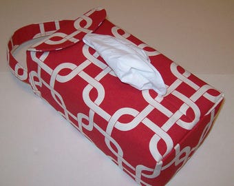 NEW!  Automobile Hanging Tissue Box Cover / Tissue Box Cozy / Automobile Accessory For Your Car / Red & Cream Chain Link