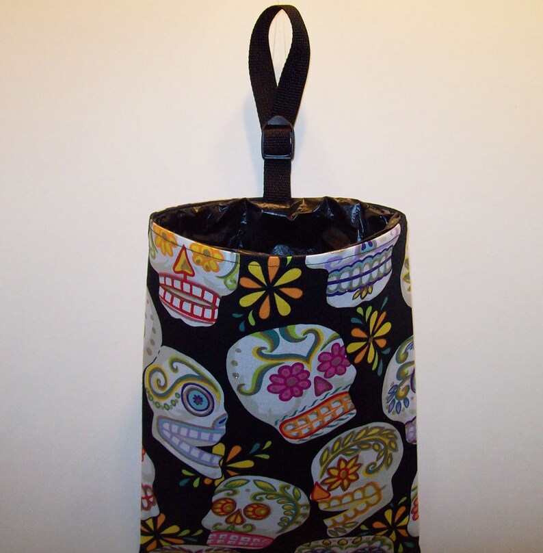 Car Litter Bag // Auto Litter Bag // Auto Trash Bag // Stay Open Design // Sugar Skulls // Large Flowery Skulls image 2