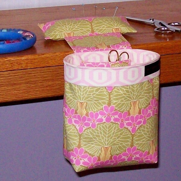 Thread Catcher, Scrap Caddy, Scrap Bag, Pincushion for use if you sew, quilt, scrapbook, knit, crochet, embroider, or make jewelry - Amy Butler Midwest Modern Nouveau Trees - With New Rubberized Gripper Strip