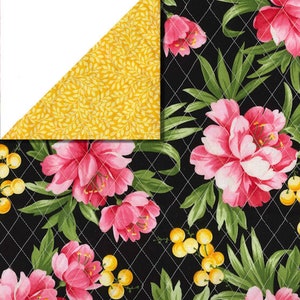 May include: A floral fabric with a black background, featuring large pink peony blooms, green leaves, and yellow berries. The fabric is quilted with white thread in a diamond pattern. The corner reveals a yellow fabric with a leaf pattern.