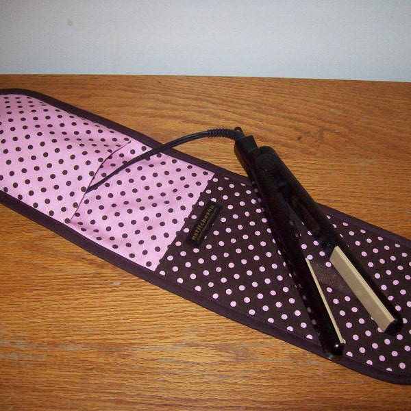 Curling Iron Case / Flat Iron Cover (Insulated) For Travel, Storage or the Gym - Michael Miller Dumb Dots - Pink and Brown