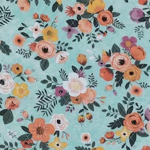 May include: Floral pattern featuring a repeating design of various flowers in shades of peach, yellow, and purple, set against a light teal background. The flowers are arranged with green leaves and stems, creating a vibrant and detailed botanical print.