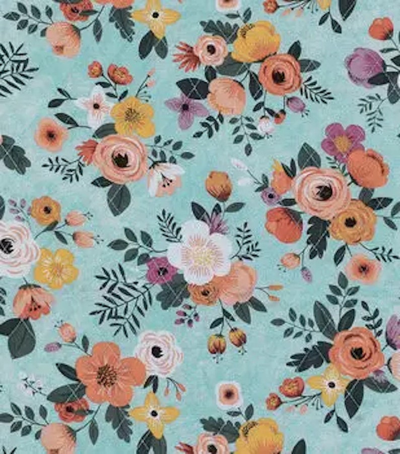 May include: Floral pattern featuring a repeating design of various flowers in shades of peach, yellow, and purple, set against a light teal background. The flowers are arranged with green leaves and stems, creating a vibrant and detailed botanical print.