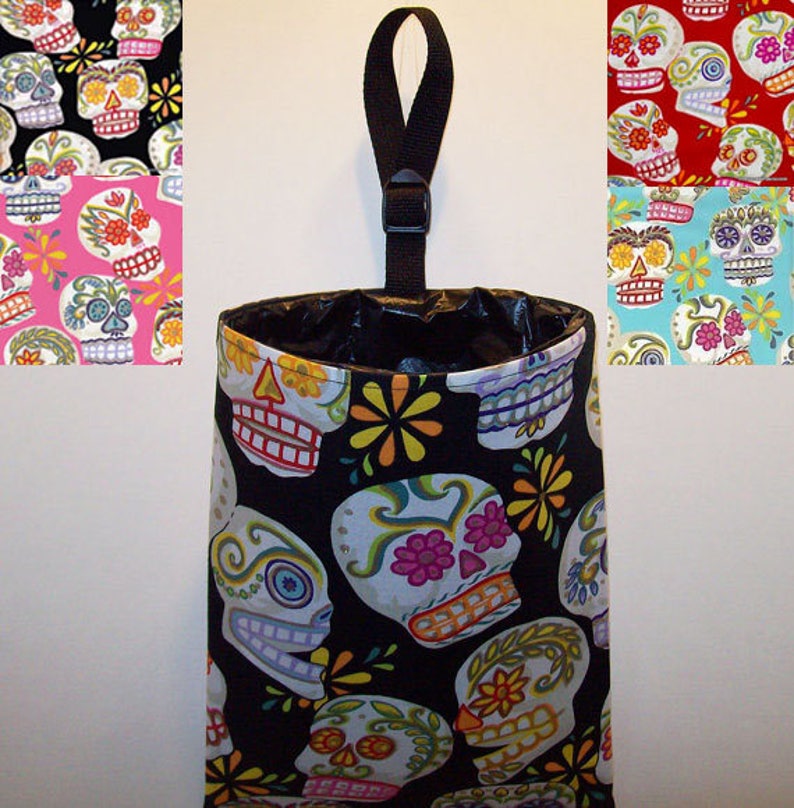 Car Litter Bag // Auto Litter Bag // Auto Trash Bag // Stay Open Design // Sugar Skulls // Large Flowery Skulls image 1