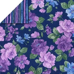 May include: A floral fabric featuring large purple roses and smaller blue flowers on a navy blue background. The design includes green leaves and a quilted pattern. The reverse side has vertical stripes in shades of blue and purple.