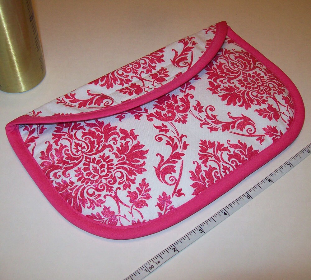 MINI Curling Iron Case / Mini Flat Iron Cover for Travel or the Gym (Insulated) - Pink And White Glittery Damask