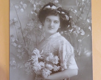Victorian Elegant Lady My Favorite Flowers RPPC Vintage Postcard / Real Photo Postcard Early 1900s