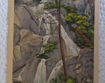 May include: Vintage postcard featuring Glen Burnia Falls near Blowing Rock, N.C. The image shows a waterfall cascading down gray rock formations, surrounded by green trees. The postcard has a beige border and the text "BR-2" and "C-8801".