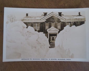 Munising Hospital in Winter Michigan RPPC 1900s Antique Real Photo Postcard