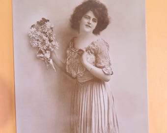 Elegant Lady Birthday Souvenir RPPC Vintage Postcard / Real Photo Postcard Early 1900s