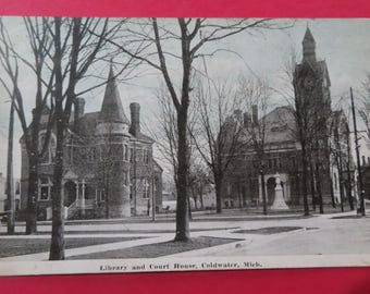 Michigan, Coldwater: Library and Court House RPPC 1922 Real Photo Postcard / Antique Vintage Postcard