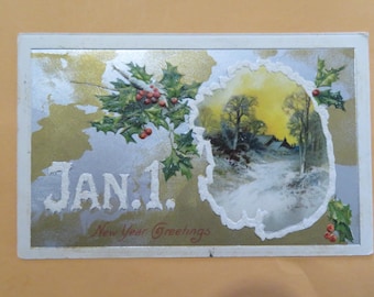 Vintage 1910s New Year Greetings Postcard, Snow Scene