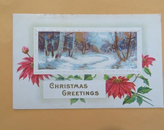 Christmas Window Postcard with  Snow Scene 1910 Vintage Christmas Postcard with Poinsettia Accents