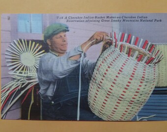 Cherokee Basket Maker Vintage Linen Postcard