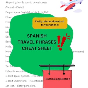 Op de afbeelding: Een Spaanse reisfrasen cheat sheet met een cartoon vliegtuig illustratie. De groene achtergrond bevat de tekst "SPANISH TRAVEL PHRASES CHEAT SHEET". Een rood bord leest "Practical application".