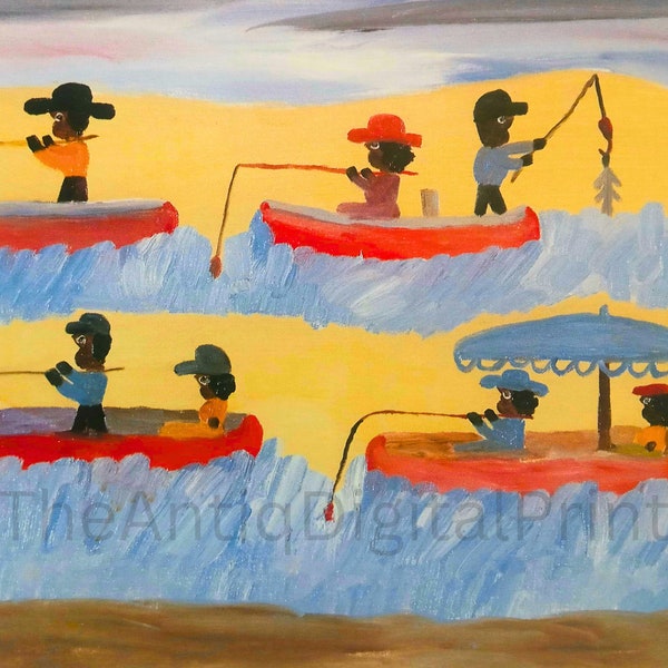 Fishing on Cane River by Clementine Hunter, Vibrant Art, African American Naive Art- PRINTABLE WALL ART | Digital Download