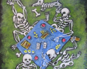Skeleton  Day of the Dead  Original Acrylic Painting,  Skeletons Card Game signed painting ,Halloween themed art painting Ellen Haasen