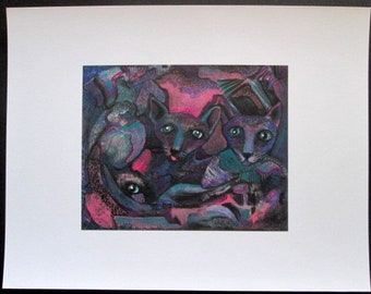 Original Ltd Ed signed  Abstract Cats Print from Painting, Cat Kitty purple pink  art  by Ellen Haasen