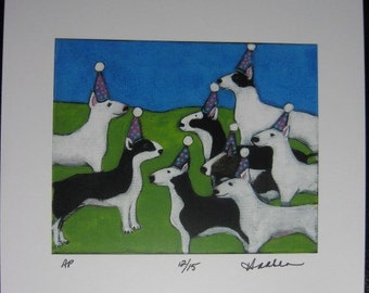 Bull terrier Dog print, Bull terrier art, BULL TERRIERS PARTY Assembly Ltd.Ed. Print by Ellen Haasen