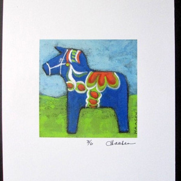 The BLUE DALA HORSE Original Ltd Ed signed  Print from Painting  Swedish  inspired ,Traditional Kurbits Decoration  by Ellen Haasen