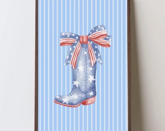 Americana Cowboy Boot Wall Art, Patriotic Red White and Blue Poster, Western 4th of July Decor, Stars and Stripes USA Print, USA Summer Art