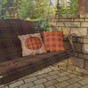 Pumpkin & Plaid Fall Pillow, Cozy Autumn Home Decor, Reversible Outdoor Pillow