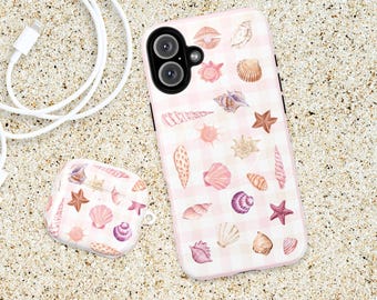 Seashell Pink Plaid MagSafe iPhone Case, Coastal Beach Summer Phone Cover