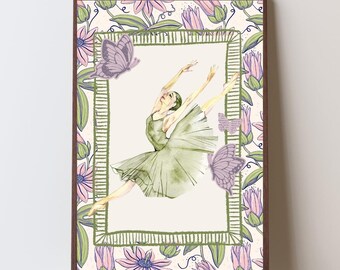 Vintage Ballerina Wall Art Print, Ballet Dancer Artwork, Feminine Floral Decor, Cottagecore Wall Art, Girls Bedroom Decor, Dance Studio Gift