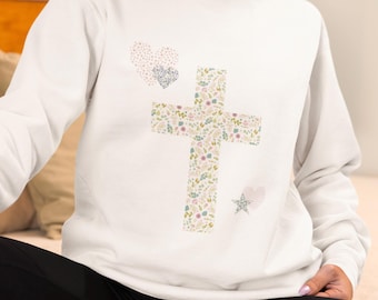 Floral Cross Sweatshirt, Cozy Unisex Crewneck, Spiritual Gifts, Spring Fashion, Girly Crewneck, Patchwork