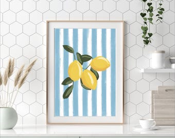 Lemon Wall Art, Kitchen Decor, Fruit Poster, Citrus Art Print, Foodie Gift, Home Decor, Bright Yellow Lemons, Blue Striped Background