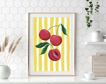 Cherry Wall Art Print, Fruit Kitchen Decor, Mediterranean Cherry Poster, Colorful Still Life Artwork