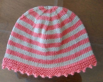 Hat; Coral Colored Hat; White Crochet Flower Embellishment; Photo Prop Hat 12-24 Months Toddler Diagonal Stitch Hat; Hand Knit Toddler