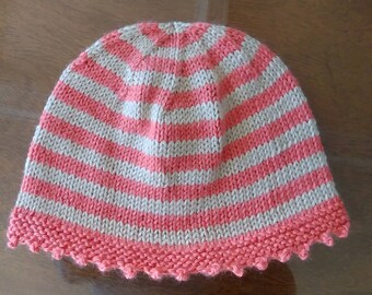 Hat; Coral Colored Hat; White Crochet Flower Embellishment; Photo Prop Hat 12-24 Months Toddler Diagonal Stitch Hat; Hand Knit Toddler